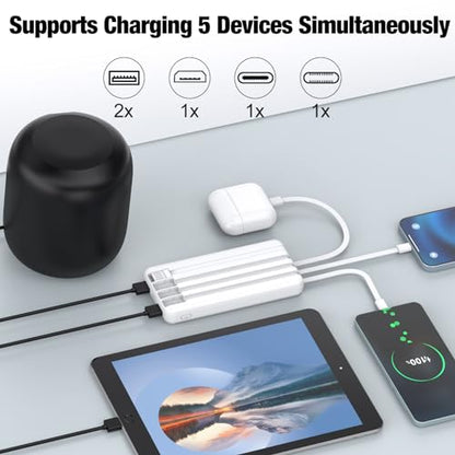 Portable Charger with Built in Cables,High Speed Power Bank 10000mAh Travel Battery Pack 5 Outputs 3 Inputs Portable Phone Charger Backup Battery for iPhone, Samsung, iPad,Tablets (White) - color: White