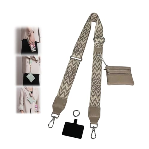Phone Strap with Zippered Pouch, Clip and Go Strap for Phone with Wallet Crossbody - color: Geometric Khaki