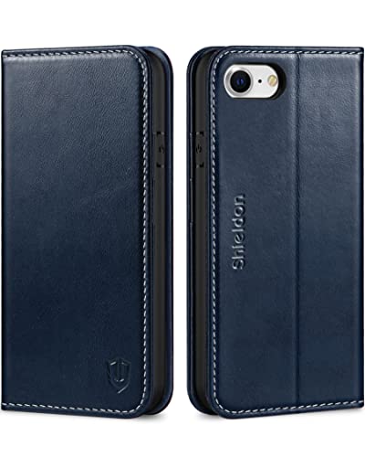 SHIELDON Leather Case Wallet for iPhone iPhone SE3/SE2/8/7, Retro Dark Blue | Genuine Leather, Folio Magnetic Closure, RFID Blocking, Credit Card Holder, Kickstand, Shock Absorbing Protective Cover - color: Dark Blue - Retro