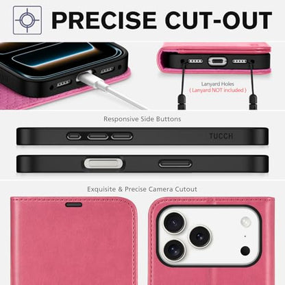 TUCCH Wallet Case for iPhone 17 Pro Max (6.9") 2025, Flip Stand, Hot Pink | RFID Blocking, 4 Card Holders, Kickstand, PU Leather, Shockproof TPU Shell, Magnetic Closure, Protective Folio Cover - color: Hot Pink