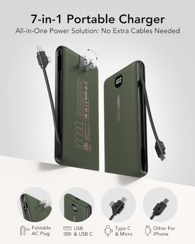 VEEKTOMX Portable Charger with Built-in Cables and AC Wall Plug, 10000mAh - color: Green