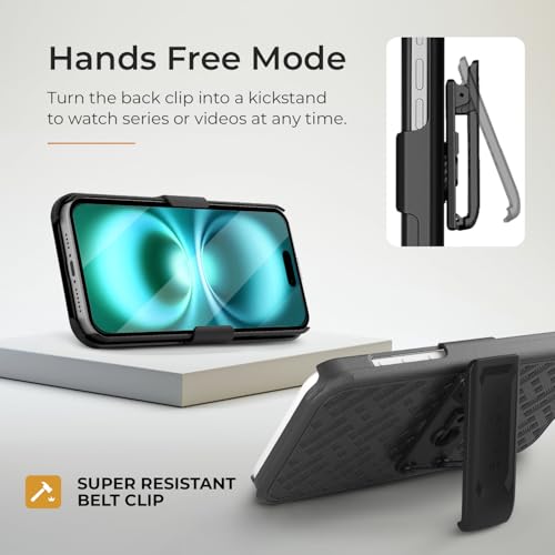 MOTIVE for iPhone 16 Case with Belt Clip, Rigid, Kickstand | 6.1" | Ranger v1 Series, Black, 360° holster, open-top/open-bottom port access, textured grip, slim - size: iPhone 16