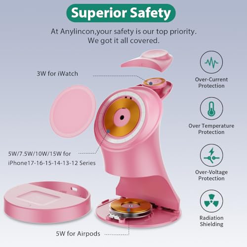 3 in 1 Wireless Charging Station for Apple Devices, Pink - color: Pink