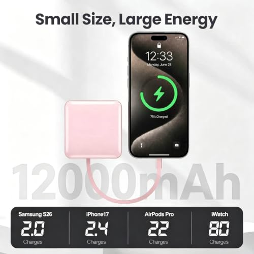 ummz Mini Portable Charger with Built-in 4 Cables，12000mAh Small Power Bank - color: pink