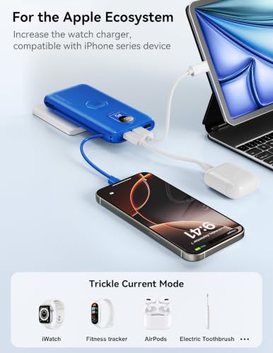 Portable Charger 10000mAh 20W, Wall Plug, 2 Cables, iWatch Charging - color: Sapphire Blue