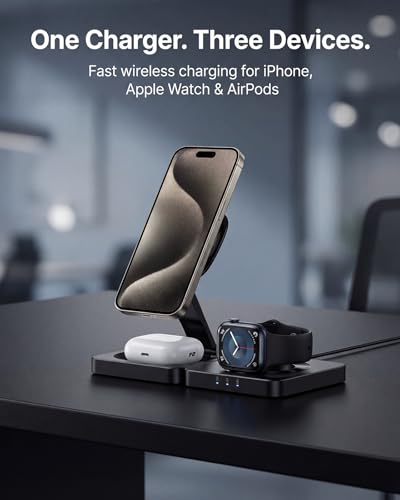 Traveling Magnetic Wireless Charging Station - ADADPU 3 in 1 Foldable Charger Stand for Apple Devices, Travel Charging Pad for iPhone 18 Pro Max 17 16 15 14 13 12 Series, for Apple Watch AirPods,Black