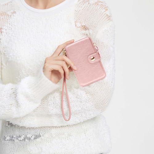 M-Plateau RFID Blocking Keychain Wallet With Leather Wrist Strap | Keychain Wristlet, Womens Card Holder with Zipper Coin Pocket and ID Window (Pink) - color: Pink