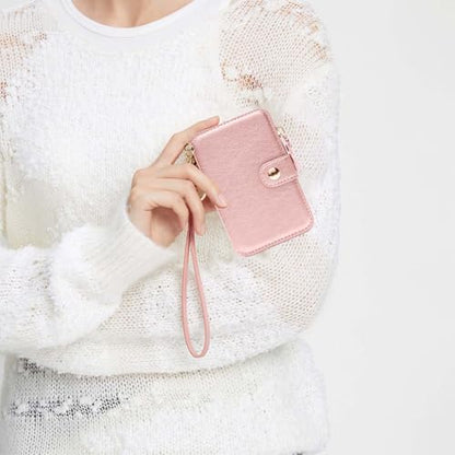 M-Plateau RFID Blocking Keychain Wallet With Leather Wrist Strap | Keychain Wristlet, Womens Card Holder with Zipper Coin Pocket and ID Window (Pink) - color: Pink