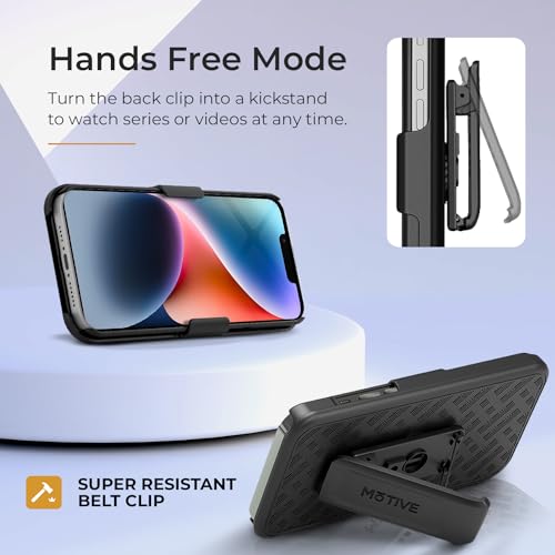 MOTIVE for iPhone 14 Plus Case with Belt Clip, Rigid, Kickstand | 6.7" | Ranger v1 Series, Black, 360° holster, open-top/open-bottom port access, textured grip, slim - size: iPhone 14 Plus