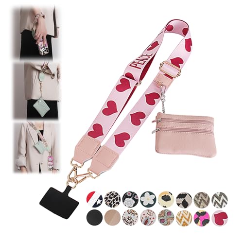 Phone Strap with Zippered Pouch, Clip and Go Strap for Phone with Wallet Crossbody, Adjustable Crossbody Phone Strap-3 - color: Heart-pink