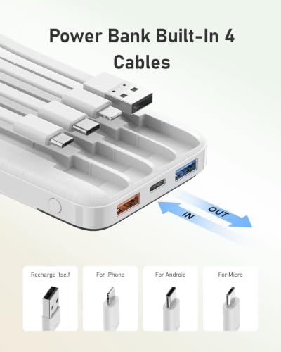 charmast Portable Charger Built-in Cables, 10000mAh Slim Power Bank Pocket - color: White