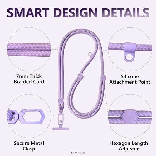 Adjustable Crossbody Phone Lanyard, Braided Cord with Tether Tab - color: Purple