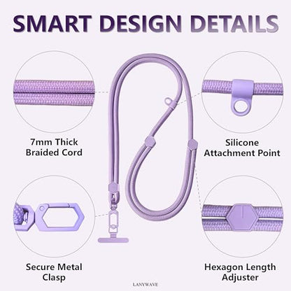 Adjustable Crossbody Phone Lanyard, Braided Cord with Tether Tab - color: Purple