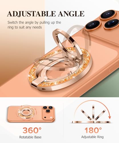 GVIEWIN Magnetic Phone Ring Holder, Compatible with MagSafe Phone Grip | Adjustable Stand, Magnet Phone Ring Kickstand, for iPhone 17/16/15/14/13/12 Pro Max Plus Air/Other Phones (Glitter/Orange) - color: Glitter/Orange