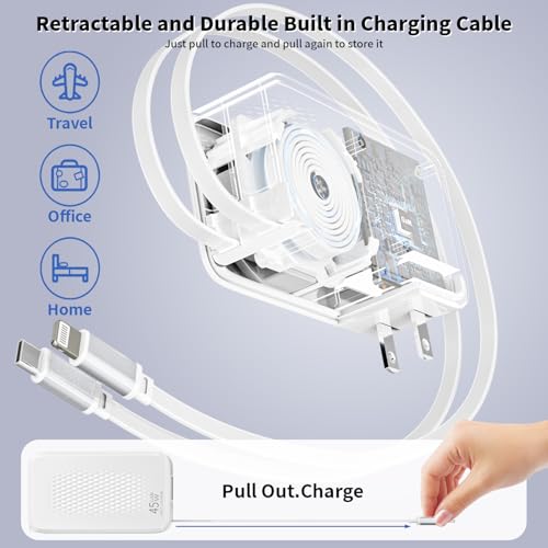 Retractable iPhone Charger,45W 4 in 1 Retractable Phone Charger Wall Plug with USB C and Lightning Cable Fast Charging Block with Dual Port(USB C+USB A) for iPhone 17/Air/16/15/14/13,iPad,Galaxy S26