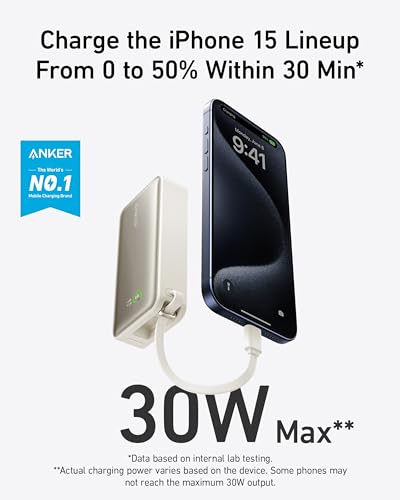 Anker Nano Power Bank,10,000mAh 30W Portable Charger,Built-in USB-C Cable - color: Shell White