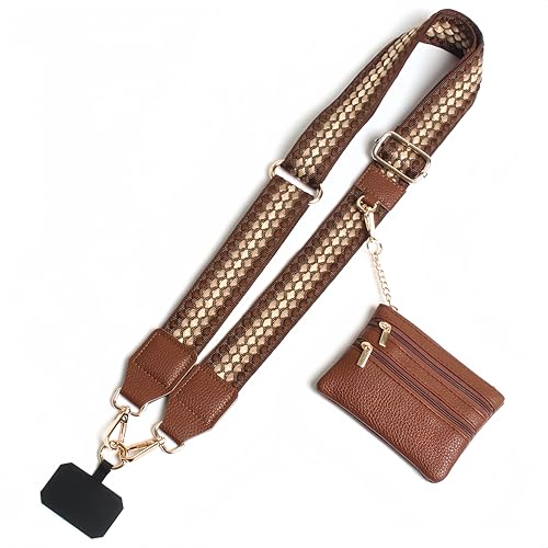 Phone Strap with Zippered Pouch, Clip and Go Strap for Phone with Wallet Crossbody - color: Brown-wave Point