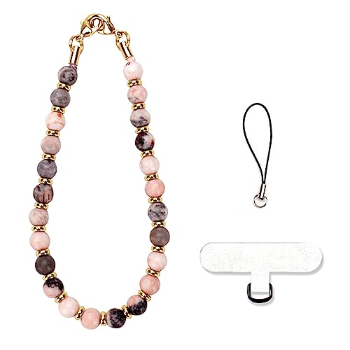 VICHUNHO Marble Beaded Phone Wrist Strap, Cellphone Lanyard with Tether Tab, Hands-Free Wristlet Bracelet - color: Pink Zebra Jasper