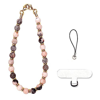 VICHUNHO Marble Beaded Phone Wrist Strap, Cellphone Lanyard with Tether Tab, Hands-Free Wristlet Bracelet - color: Pink Zebra Jasper