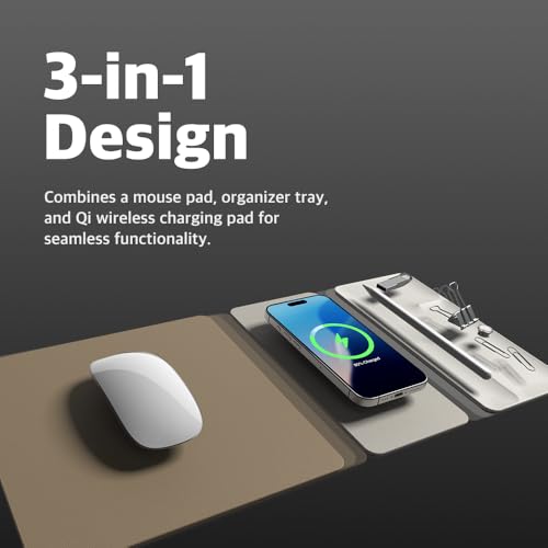 POUT H3 SplitMax 3-in-1 Wireless Charging Mouse Pad – Fast Qi Charger, Mousepad Mat, and Magnetic Tray Organizer – Compatible with Smartphones and Earbuds (Palette Cream)