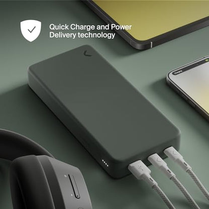 Clemm 35W Portable Charger 20000mAh Power Bank, 3-Port Battery Pack with 2 USB-C & 1 USB-A, Quick Charge & PD, Up to 4 Phone Charges, Soft-Touch Travel Charger for iPhone, Samsung & iPad (Gray)