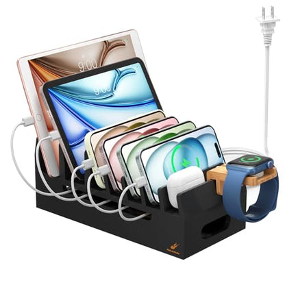 Bamboo Charging Station with 5 Port Charger HUB & 5 Cables-Black - color: Black