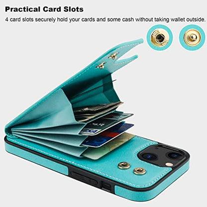 Folosu Compatible with iPhone 14 Case Wallet with Card Holder, 360°Rotation Finger Ring Holder Kickstand, RFID Blocking Leather Protective Double Buttons Shockproof Cover 6.1 Inch Green - color: Mint Green, size: iPhone 14