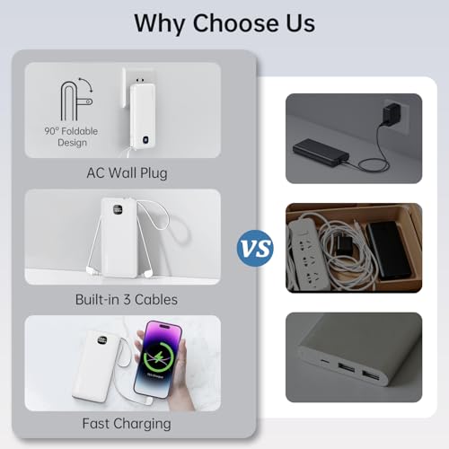 Portable Charger 10000mAh 22.5W Power Bank,Built-in 3 Cables & AC Wall Plug - color: Matte White