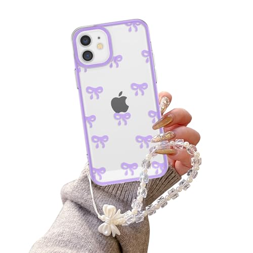 EYZUTAK Case for iPhone 11, Clear Cute Ribbon Bowknot Aesthetic Phone Case with Charm Bracelet Chain Raised Camera Protection Stylish Soft Durable TPU Protective Cover for Women Girls - Purple - color: Purple, size: iPhone 11