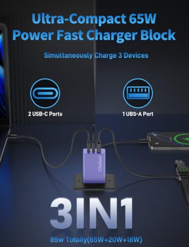 85W Dynamic Power GaN USB-C Fast Charger, 2C1A 3-Port, Max 65W, 2 Pack - color: Purple, size: 2Pack