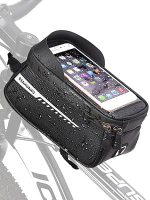 ENGWE Bike Front Frame Bag, Waterproof Bike Phone Holder Mountain Bicycle Handlebar Pouch Cycling Storage Bag with TPU Touch-Screen Sun-Visor Rain Cover for Phones under 6.5”