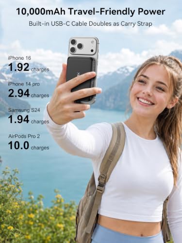 GREPRO Magnetic Power Bank, 10000mAh Built-in 22.5W USB-C Cable for iPhone | Compatible for MagSafe Portable Charger, LED Display, for iPhone 17/17 Air/17 Pro/17 Pro Max/16/15/14/13/12 Series, AirPods