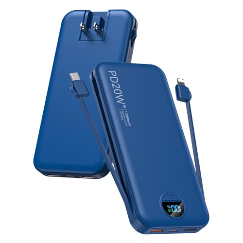 citicr Portable Charger 10000mAh PD20W w/Built-in Cables & Wall Plug Navy - color: Navy