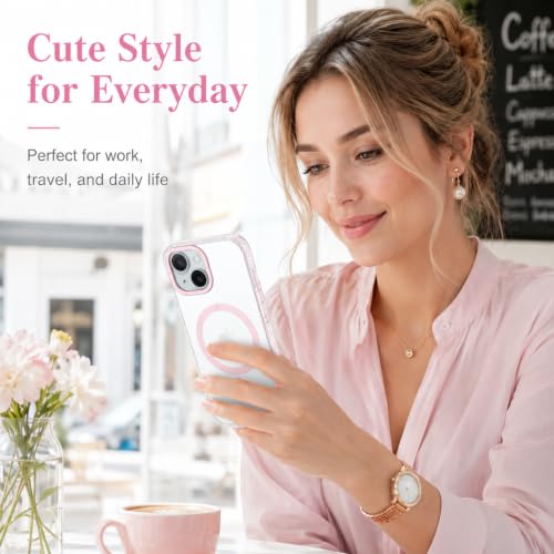 GUAGUA Magnetic for iPhone 14 Case & iPhone 13 Case, [Compatible with Magsafe] Military Shockproof Protective Bumper Cute Transparent Slim Anti-Yellowing Phone Cover for iPhone 14/iPhone 13,Clear Pink - size: iPhone 14/iPhone 13