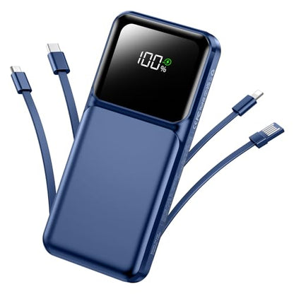 Portable Charger with Built in Cable 10000mah USB C Power Bank Battery Pack - color: Blue