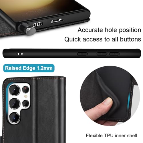 KEZiHOME Genuine Leather Wallet Case for Samsung Galaxy S24 Ultra | Black/Brown, RFID Blocking Card Slot, Kickstand, Magnetic Protective Phone Folio Cover, Compatible with Galaxy S24 Ultra - color: Black/Brown