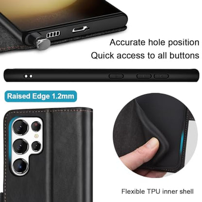 KEZiHOME Genuine Leather Wallet Case for Samsung Galaxy S24 Ultra | Black/Brown, RFID Blocking Card Slot, Kickstand, Magnetic Protective Phone Folio Cover, Compatible with Galaxy S24 Ultra - color: Black/Brown