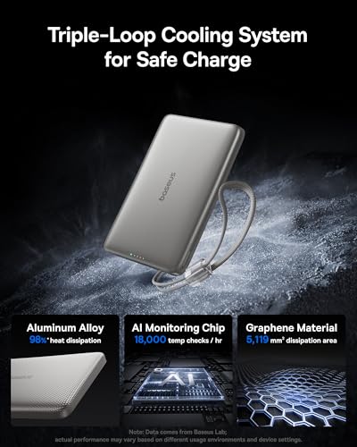 Baseus Picogo Qi2 15W Magsafe Portable Charger, 0.5" Ultra Slim 10000mAh Wireless Power Bank with 27W Built-in USB-C Cable, Magnetic Battery Pack for iPhone 17 Pro Max/17 Pro/Air/16/15/14/13/12 | 10000mAh Wireless Power Bank, 27W Fast Charging Magnetic Ba