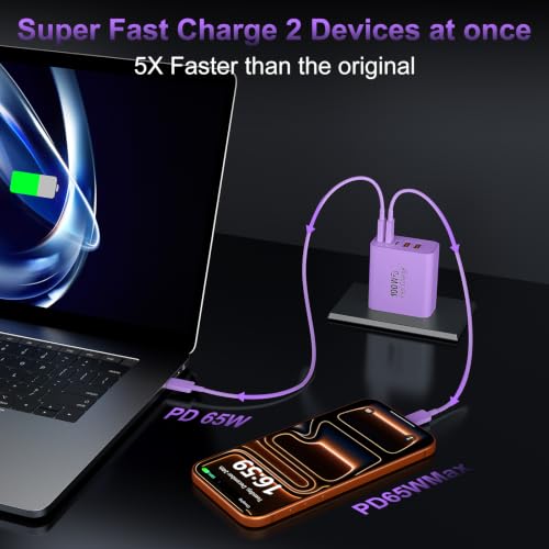 USB C Super Fast Charger Block, 100W USBC Charging Block Wall Plug Adapter - color: Purple