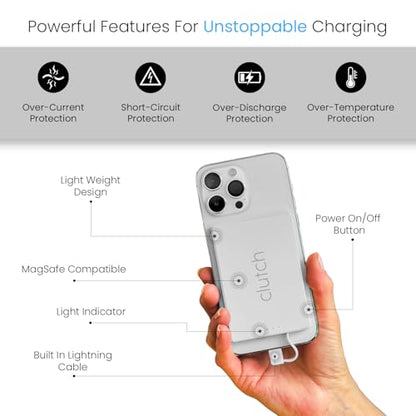 Clutch Pro – World's Thinnest iPhone Charger – Portable Power Bank 5000mAh – Magnetic Built-in Lightning Cable – TSA Approved Travel Charger – iPhone 14 & Earlier – White - color: White