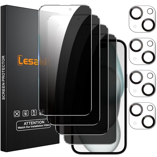Lesakit 4+4 Pack Privacy Screen Protector for iPhone 15 Plus 6.7-Inch with 4 Pack Camera Lens Protector, Anti Spy Tempered Glass Film 9H Hardness Case Friendly - size: iPhone 15 Plus