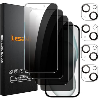 Lesakit 4+4 Pack Privacy Screen Protector for iPhone 15 Plus 6.7-Inch with 4 Pack Camera Lens Protector, Anti Spy Tempered Glass Film 9H Hardness Case Friendly - size: iPhone 15 Plus