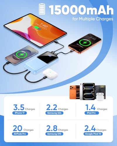 CFIAI Portable Charger 15000mAh Slim Power Bank with Built in Cables - color: Glacier