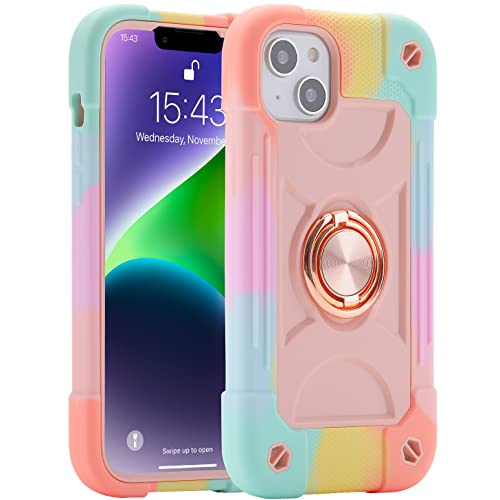 MARKILL Compatible with iPhone 14 Plus Case 6.7 Inch with 360 Degree Rotate Ring Stand, Military Grade Drop Protection Full Body Rugged Heavy Duty Protective Cover for iPhone 14 Plus - color: Rainbow Pink, size: iPhone 14 Plus 6.7"