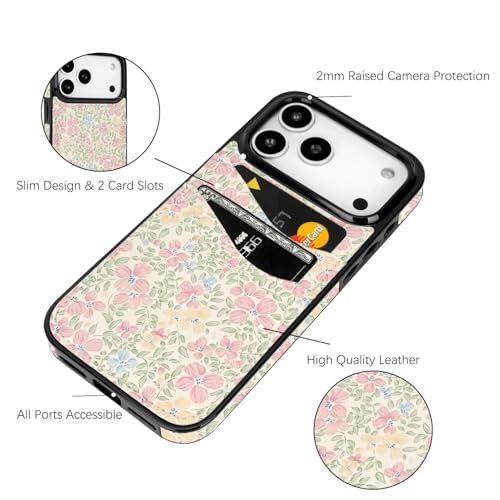 Compatible with iPhone 17 Pro 6.3 inch Card Slot Phone Case | Cute Peach Blossom Flower Design with Card Holder for Women Girls Slim Shockproof Wallet Cover 6.3 inch - color: Peach Blossom Flower, size: iPhone 17 Pro 6.3 inch