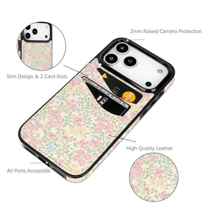 Compatible with iPhone 17 Pro 6.3 inch Card Slot Phone Case | Cute Peach Blossom Flower Design with Card Holder for Women Girls Slim Shockproof Wallet Cover 6.3 inch - color: Peach Blossom Flower, size: iPhone 17 Pro 6.3 inch