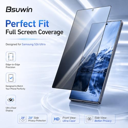 2 Pack Privacy Screen Protector for Samsung Galaxy S26 Ultra | |Anti-Spy Tempered Glass with Fingerprint Unlock Support, Anti-Scratch, 9H Hardness & Easy Installation