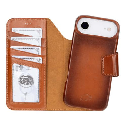 BLACKBROOK Detachable Leather Wallet Case Compatible with iPhone Air | Full-grain detachable folio with RFID blocking, 3 card slots, ID window, built-in kickstand, wireless charging, handcrafted. - color: Burnished Tan, size: iPhone 17 Air