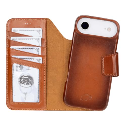 BLACKBROOK Detachable Leather Wallet Case Compatible with iPhone Air | Full-grain detachable folio with RFID blocking, 3 card slots, ID window, built-in kickstand, wireless charging, handcrafted. - color: Burnished Tan, size: iPhone 17 Air