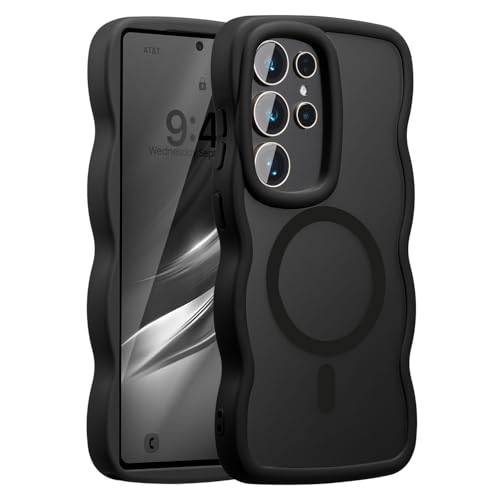 UEEBAI Magnetic for Samsung Galaxy S24 Ultra 5G Case, Cute Cover Compatible with MagSafe, Transparent Clear Wave Design Wavy Frame Matte Phone Case- Black - color: Black, size: Samsung Galaxy S24 Ultra 5G